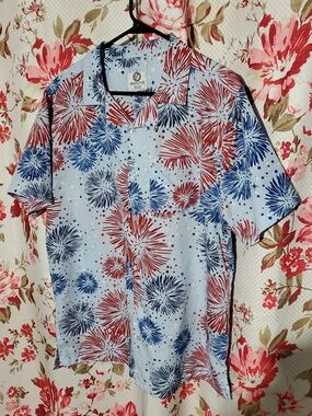 Revolution Light Blue Short-Sleeve Button-Down with Red & Blue Firework Print